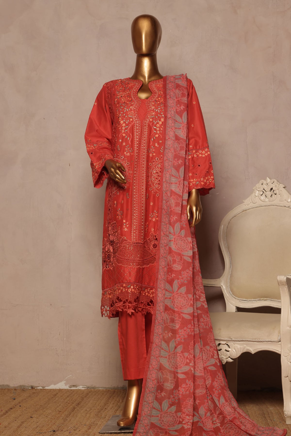 Bin Saeed Stitched 3 Piece Luxe Plain Cotton With Chiffon Dupatta Collection'2025-SMPC-1952-Pink