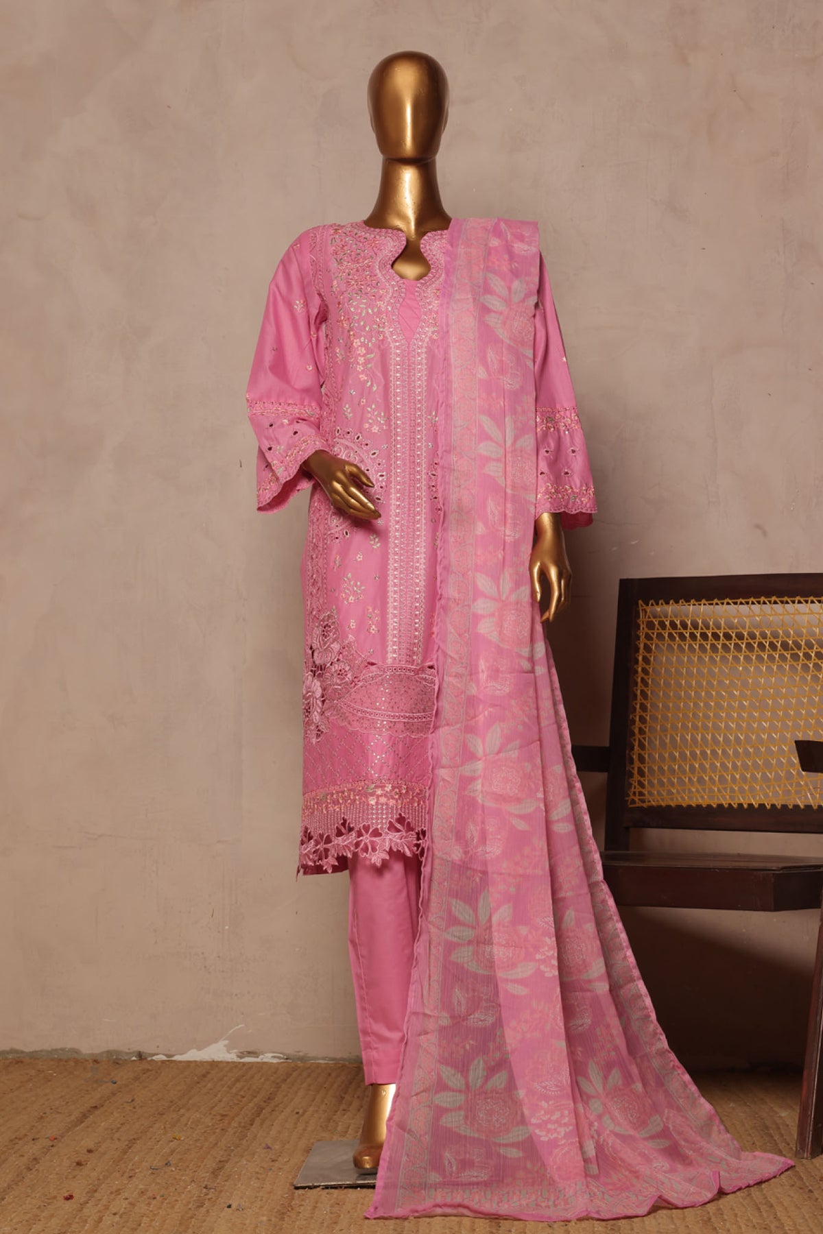 Bin Saeed Stitched 3 Piece Luxe Plain Cotton With Chiffon Dupatta Collection'2025-SMPC-1953-Pink