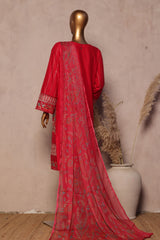 Bin Saeed Stitched 3 Piece Luxe Plain Cotton With Chiffon Dupatta Collection'2025-SMPC-1957-Red