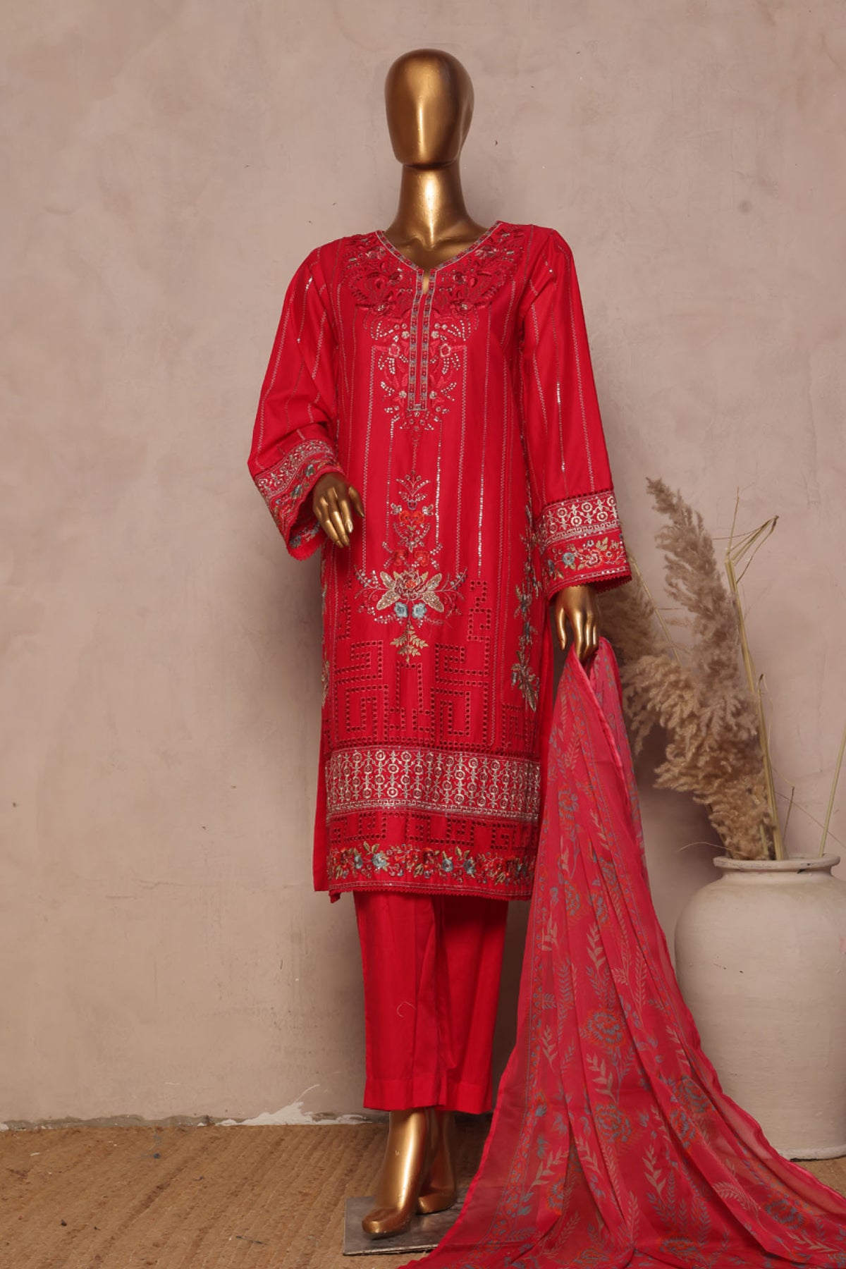 Bin Saeed Stitched 3 Piece Luxe Plain Cotton With Chiffon Dupatta Collection'2025-SMPC-1957-Red