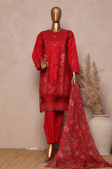 Bin Saeed Stitched 3 Piece Luxe Plain Cotton With Chiffon Dupatta Collection'2025-SMPC-1958-Red