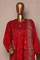 Bin Saeed Stitched 3 Piece Luxe Plain Cotton With Chiffon Dupatta Collection'2025-SMPC-1958-Red