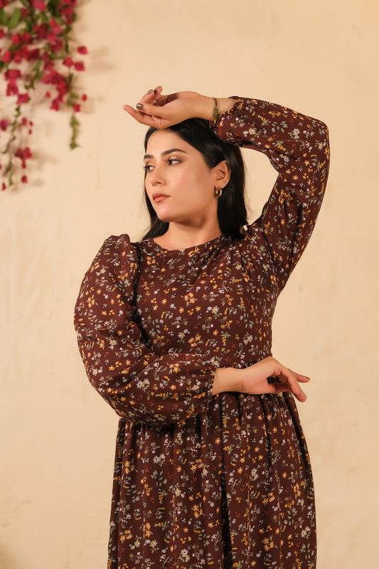 Sprinkles Stitched 1 Piece Summer Shirts Women Collection'2025-The Duo - Mocha Dream Allover Floral Print Tunic Dress