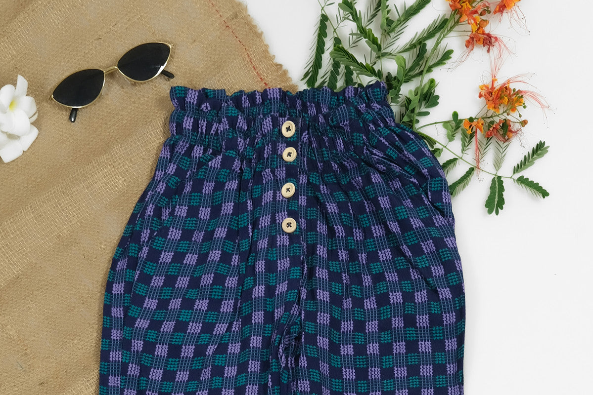 Sprinkles Stitched 1 Piece Summer Bottoms Women Collection'2025-Indigo Gingham Straight Pant Front Button