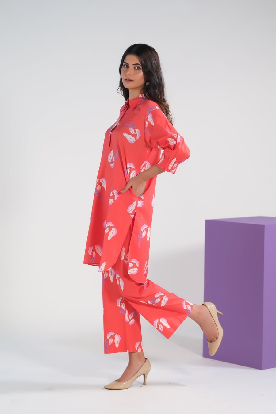 Sprinkles Stitched 2 Piece Summer Co Ord Sets Women Collection'2025-Bean Red Lavender - Cambric