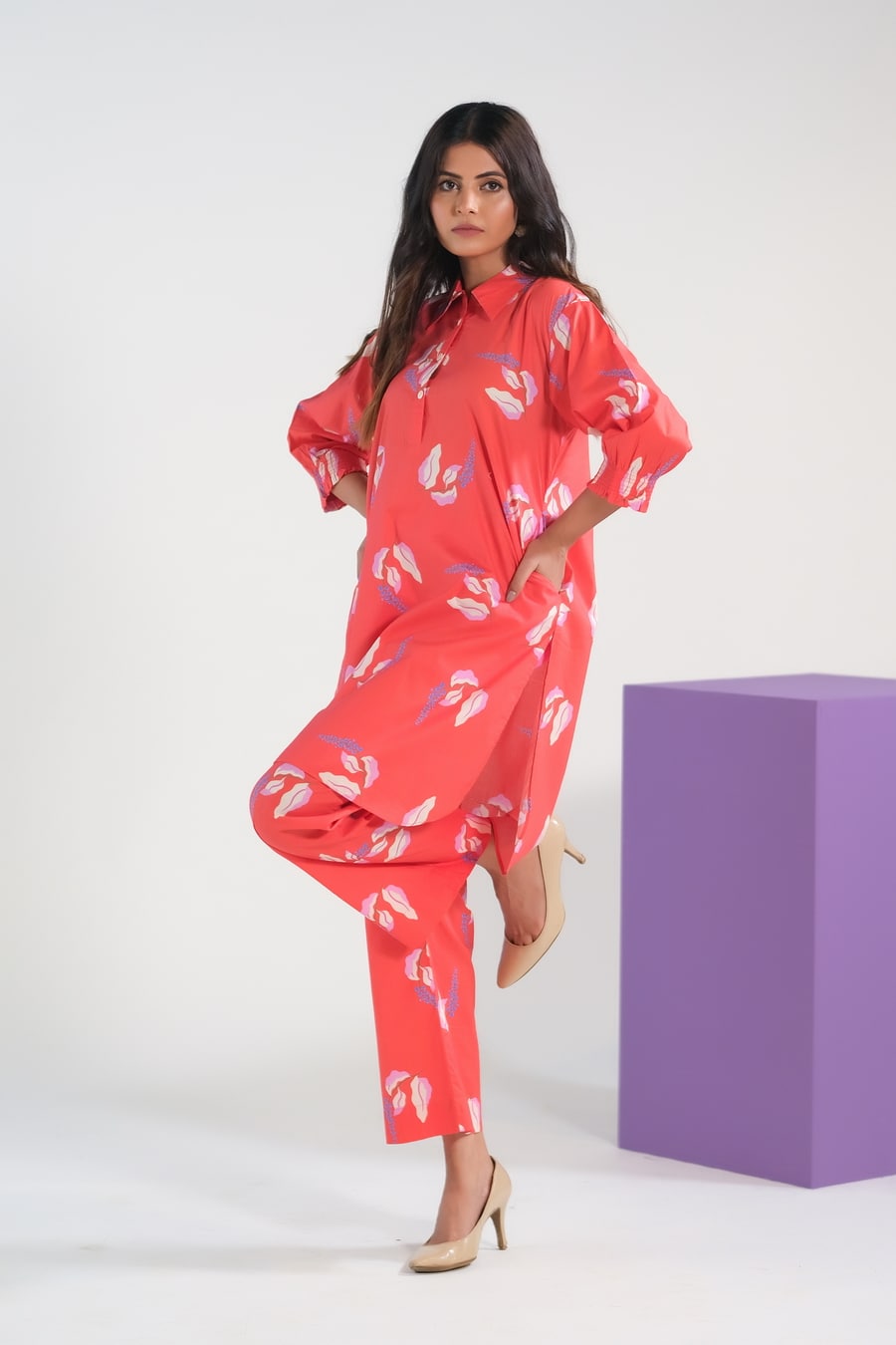 Sprinkles Stitched 2 Piece Summer Co Ord Sets Women Collection'2025-Bean Red Lavender - Cambric