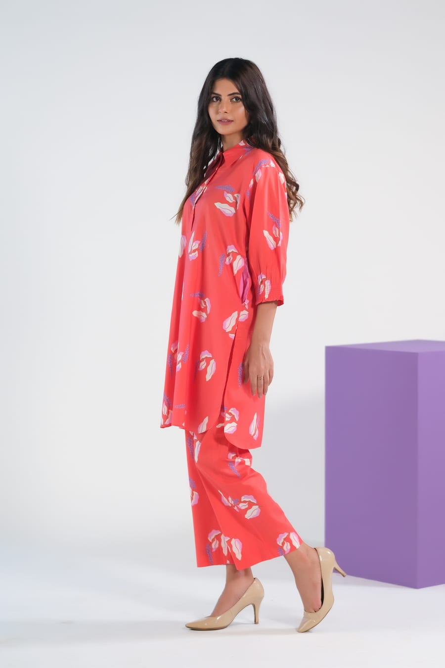 Sprinkles Stitched 2 Piece Summer Co Ord Sets Women Collection'2025-Bean Red Lavender - Cambric