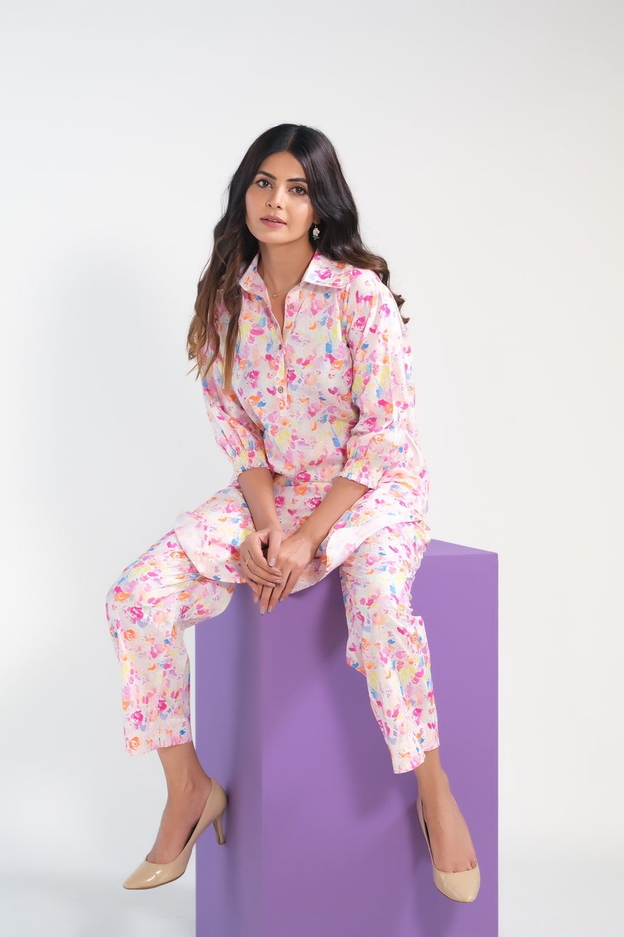 Sprinkles Stitched 2 Piece Summer Co Ord Sets Women Collection'2025-Color Splash/Watercolor Charm - Cambric