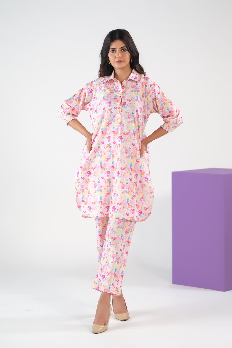 Sprinkles Stitched 2 Piece Summer Co Ord Sets Women Collection'2025-Color Splash/Watercolor Charm - Cambric
