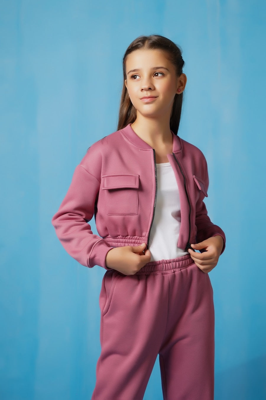 Sprinkles Stitched 2 Piece Winter Co Ord Sets Kids Collection'2025-Crop Jacket With Jogger Pant - Tea Pink