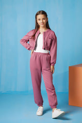 Sprinkles Stitched 2 Piece Winter Co Ord Sets Kids Collection'2025-Crop Jacket With Jogger Pant - Tea Pink