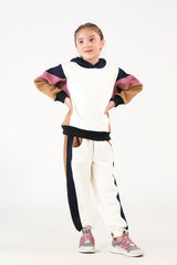 Sprinkles Stitched 2 Piece Winter Co Ord Sets Kids Suit-Color-Block Hoodie Set - Cream