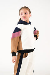 Sprinkles Stitched 2 Piece Winter Co Ord Sets Kids Suit-Color-Block Hoodie Set - Cream