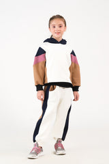 Sprinkles Stitched 2 Piece Winter Co Ord Sets Kids Suit-Color-Block Hoodie Set - Cream