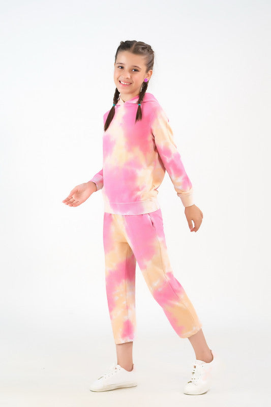 Sprinkles Stitched 2 Piece Winter Co Ord Sets Kids Collection'2025-Tie Die Hoodie With Jogger Pants - Peachy Orange