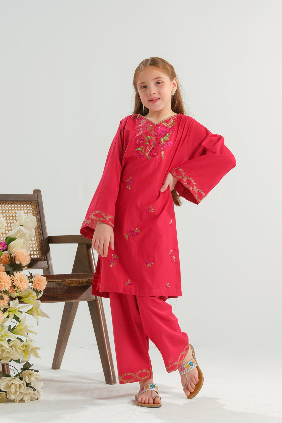 Sprinkles Stitched 2 Piece Summer Co Ord Sets Kids Collection'2025-Crimson Petal Grace - 2pcs - Embroidered