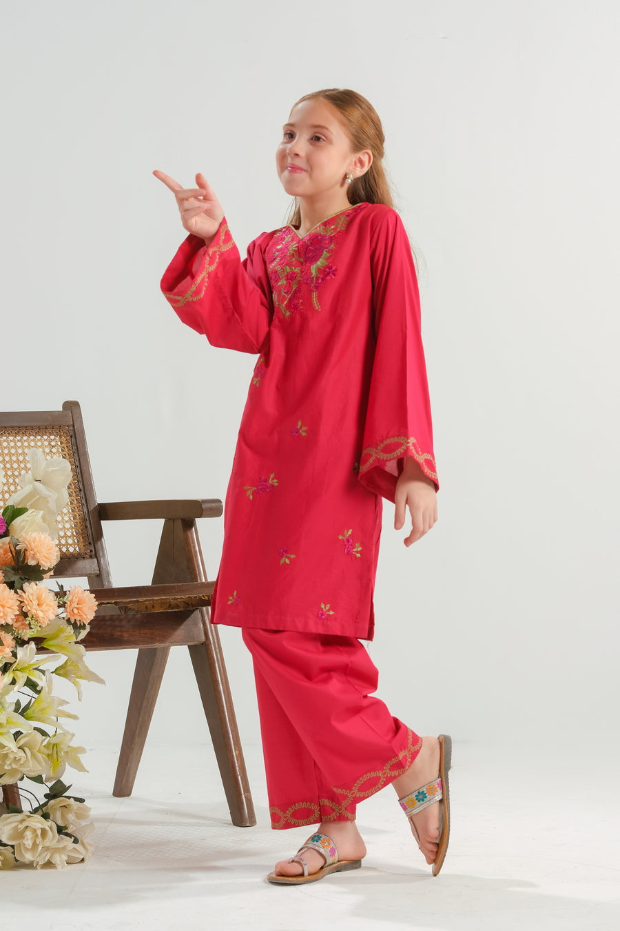 Sprinkles Stitched 2 Piece Summer Co Ord Sets Kids Collection'2025-Crimson Petal Grace - 2pcs - Embroidered