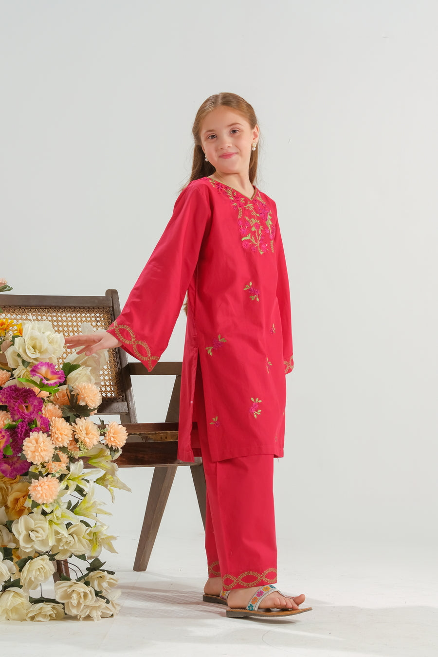 Sprinkles Stitched 2 Piece Summer Co Ord Sets Kids Collection'2025-Crimson Petal Grace - 2pcs - Embroidered