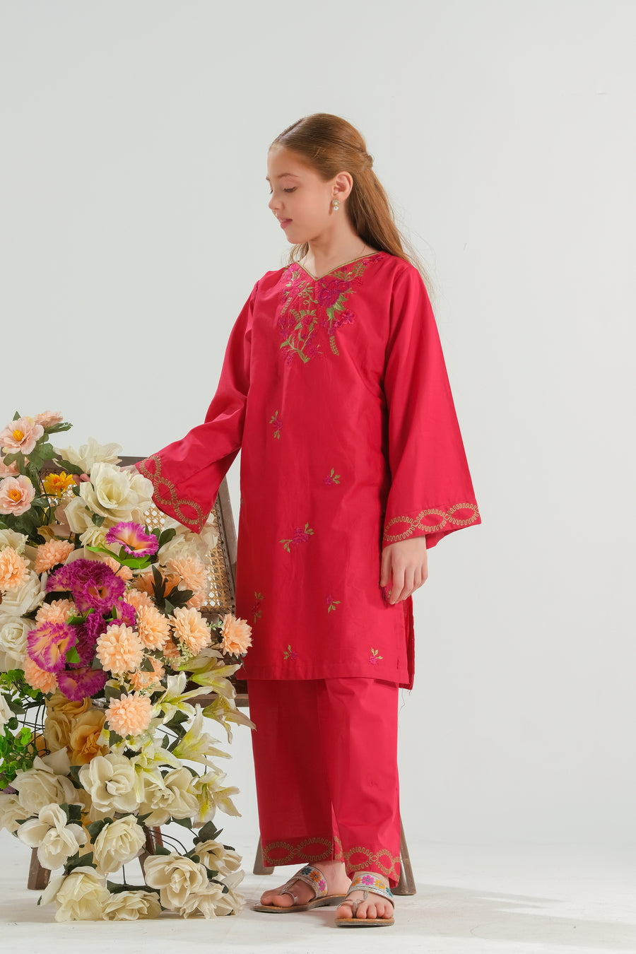 Sprinkles Stitched 2 Piece Summer Co Ord Sets Kids Collection'2025-Crimson Petal Grace - 2pcs - Embroidered