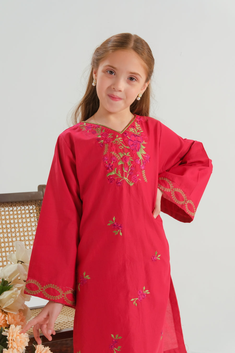Sprinkles Stitched 2 Piece Summer Co Ord Sets Kids Collection'2025-Crimson Petal Grace - 2pcs - Embroidered