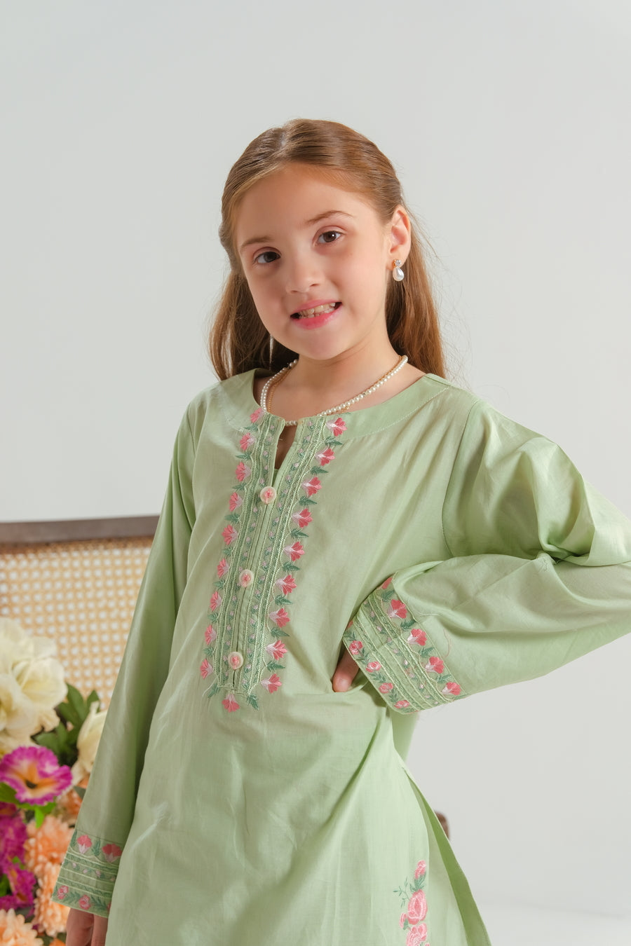Sprinkles Stitched 2 Piece Summer Co Ord Sets Kids Collection'2025-Mint Blossom Charm - 2pcs - Embroidered