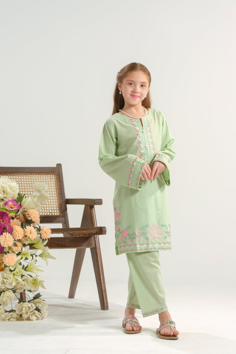 Sprinkles Stitched 2 Piece Summer Co Ord Sets Kids Collection'2025-Mint Blossom Charm - 2pcs - Embroidered