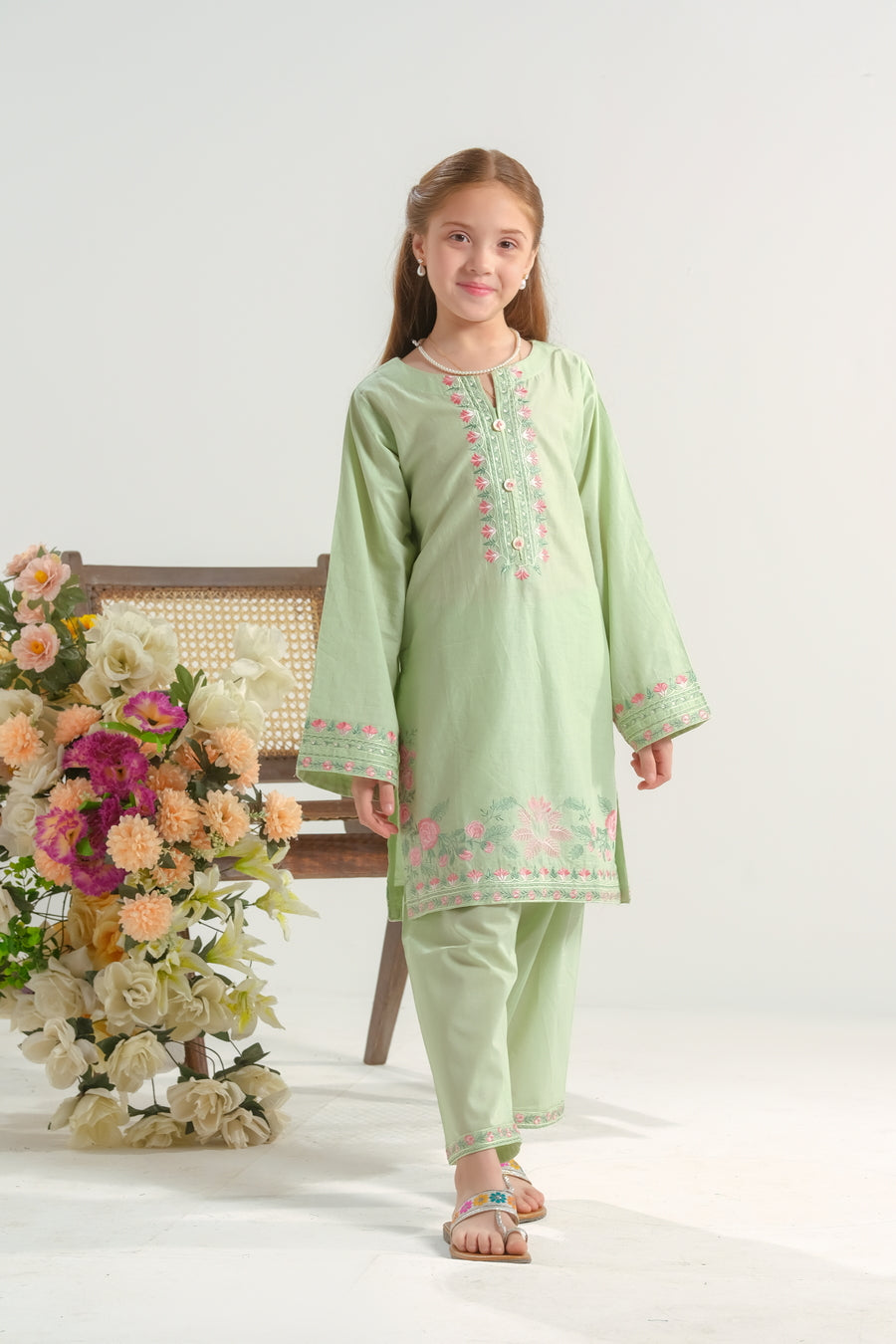 Sprinkles Stitched 2 Piece Summer Co Ord Sets Kids Collection'2025-Mint Blossom Charm - 2pcs - Embroidered