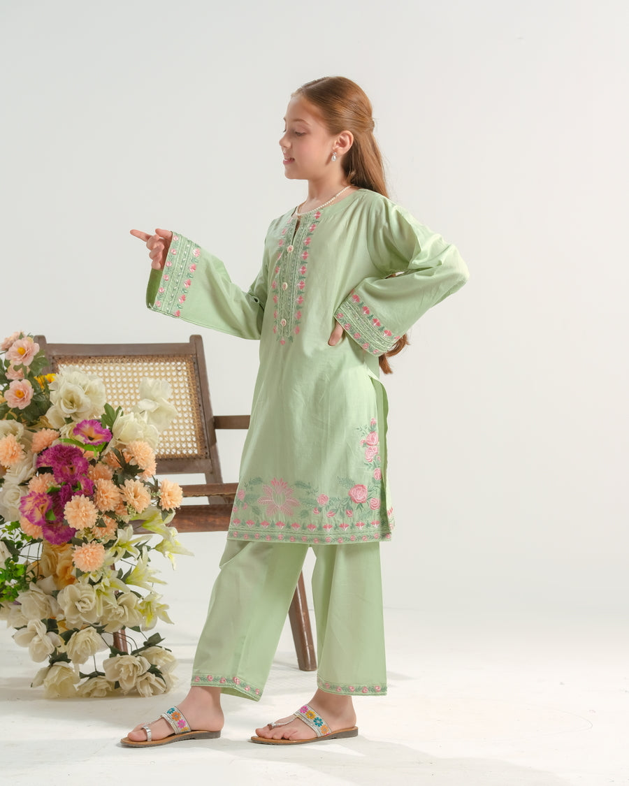 Sprinkles Stitched 2 Piece Summer Co Ord Sets Kids Collection'2025-Mint Blossom Charm - 2pcs - Embroidered