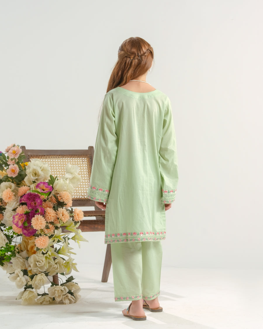 Sprinkles Stitched 2 Piece Summer Co Ord Sets Kids Collection'2025-Mint Blossom Charm - 2pcs - Embroidered