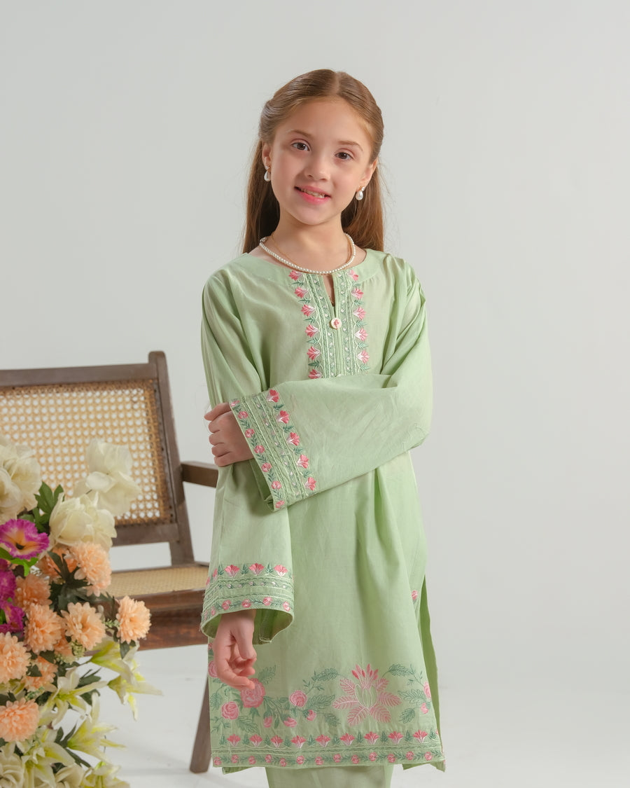 Sprinkles Stitched 2 Piece Summer Co Ord Sets Kids Collection'2025-Mint Blossom Charm - 2pcs - Embroidered