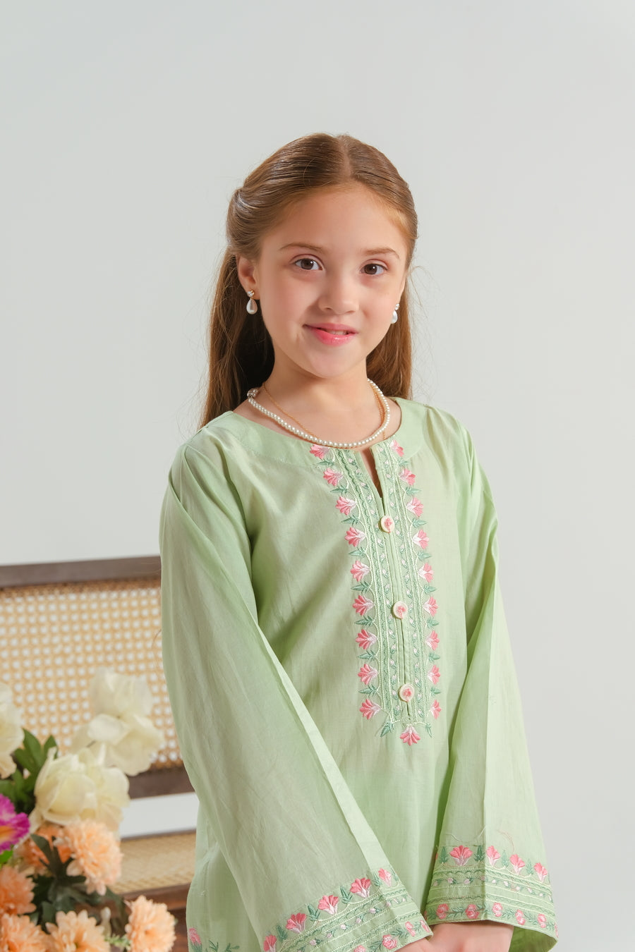 Sprinkles Stitched 2 Piece Summer Co Ord Sets Kids Collection'2025-Mint Blossom Charm - 2pcs - Embroidered