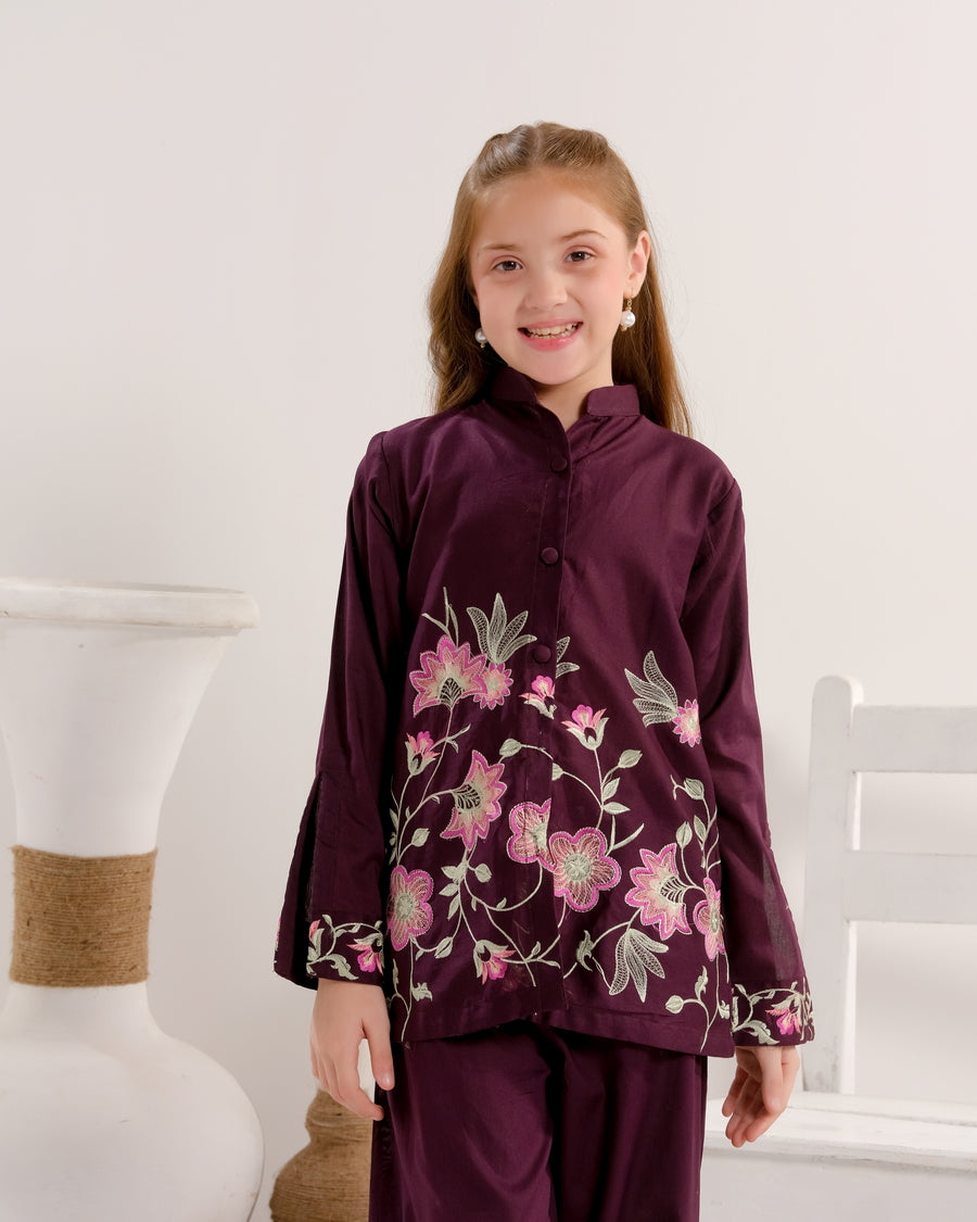 Sprinkles Stitched 2 Piece Summer Co Ord Sets Kids Collection'2025-Plum Petal Grace - 2pcs - Embroidered
