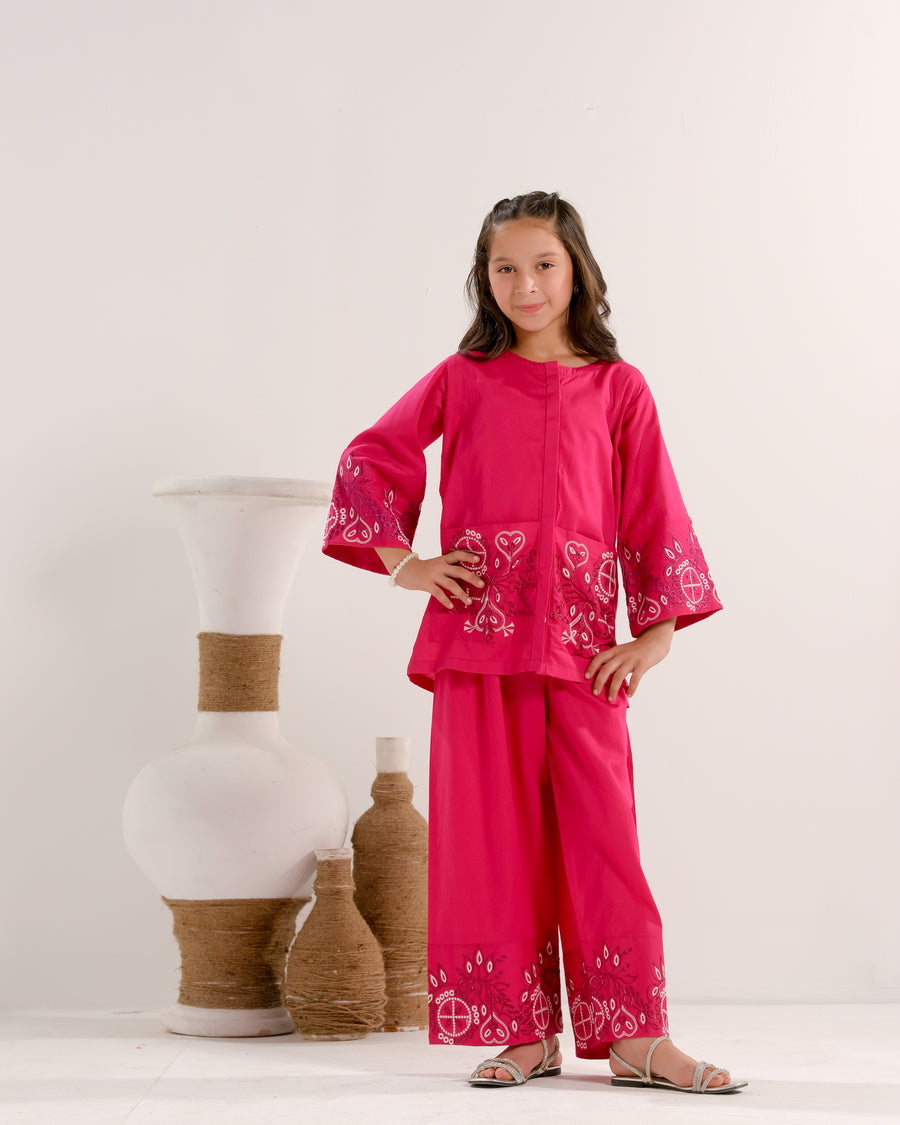 Sprinkles Stitched 2 Piece Summer Co Ord Sets Kids Collection'2025-Rose Radiance Pink - 2pcs - Embroidered