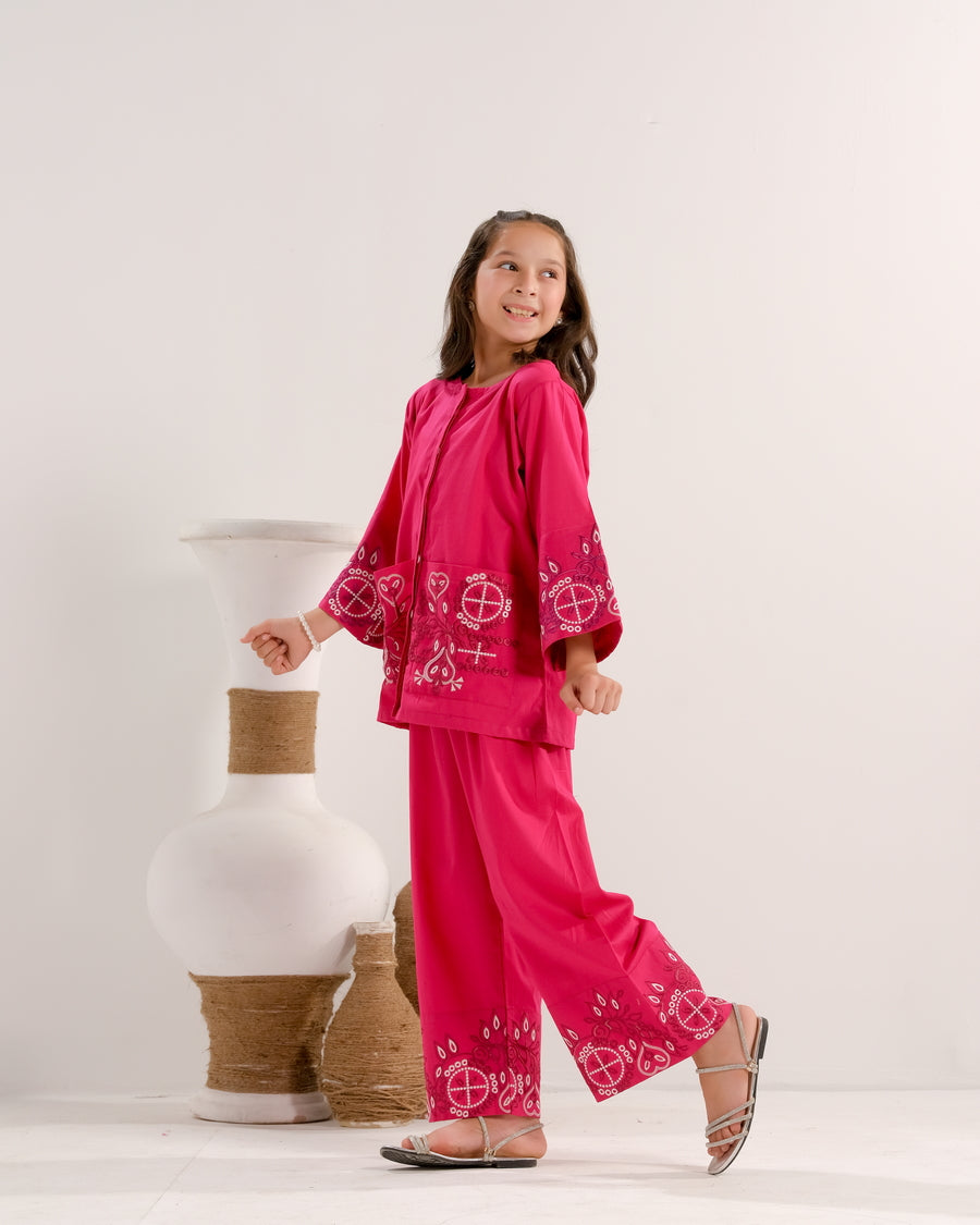 Sprinkles Stitched 2 Piece Summer Co Ord Sets Kids Collection'2025-Rose Radiance Pink - 2pcs - Embroidered