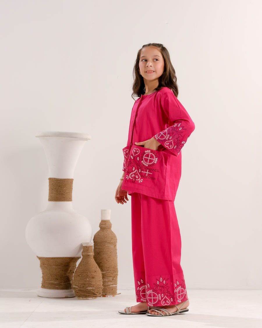 Sprinkles Stitched 2 Piece Summer Co Ord Sets Kids Collection'2025-Rose Radiance Pink - 2pcs - Embroidered