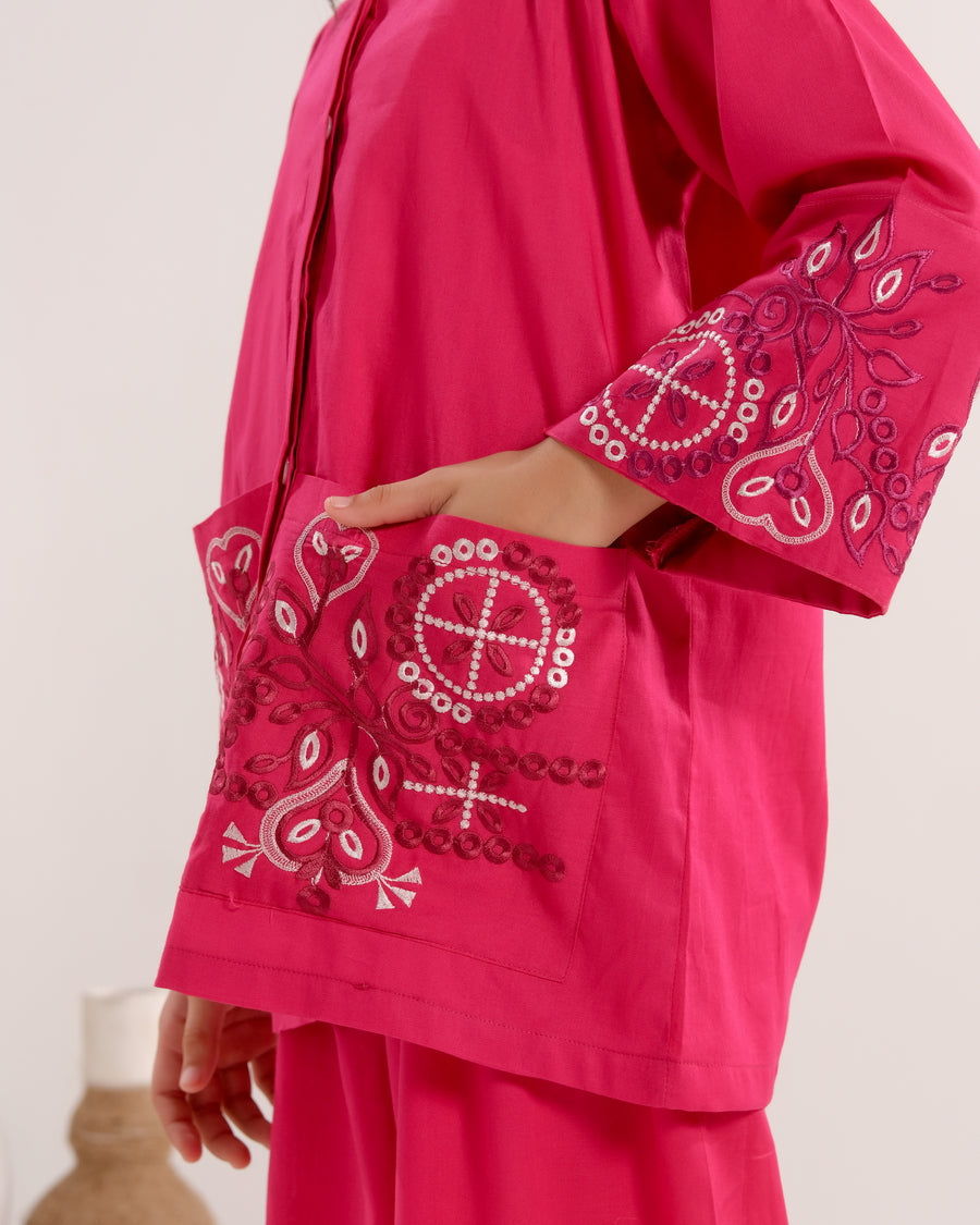 Sprinkles Stitched 2 Piece Summer Co Ord Sets Kids Collection'2025-Rose Radiance Pink - 2pcs - Embroidered