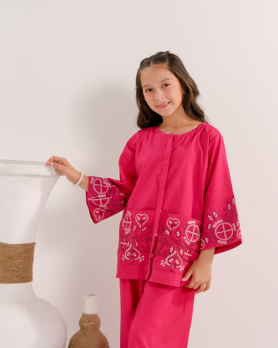 Sprinkles Stitched 2 Piece Summer Co Ord Sets Kids Collection'2025-Rose Radiance Pink - 2pcs - Embroidered