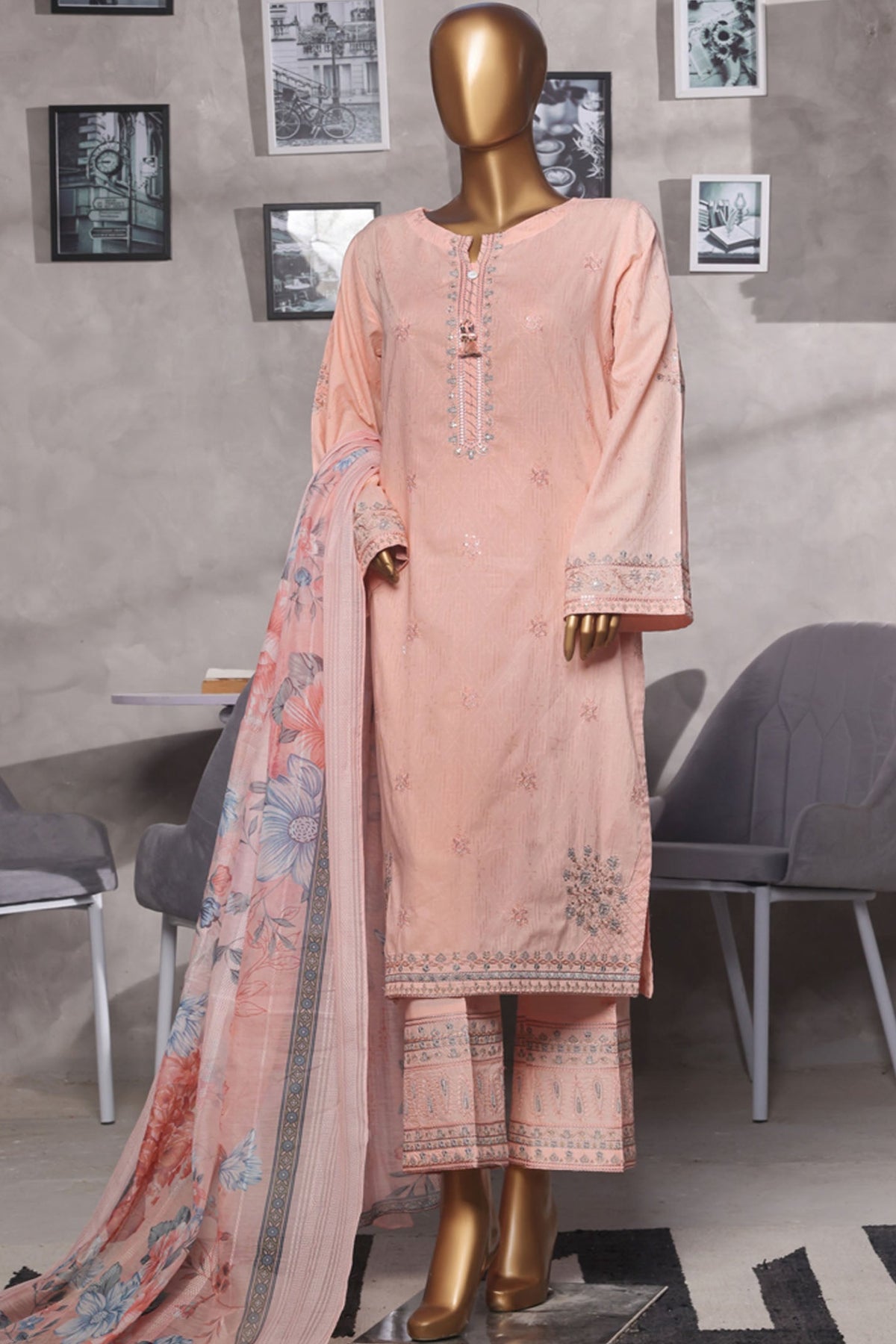 Muse By HZ Stitched 3 Piece Emb Cotton Self Jacquard Vol-02 Collection'2025-SSJ-2502-Pink