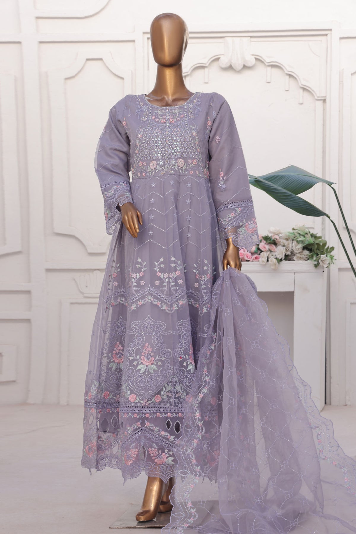 Bin Saeed Stitched 3 Piece Luxury Emb Chiffon Frock Vol-03 Collection-STS-1681-Light Purple