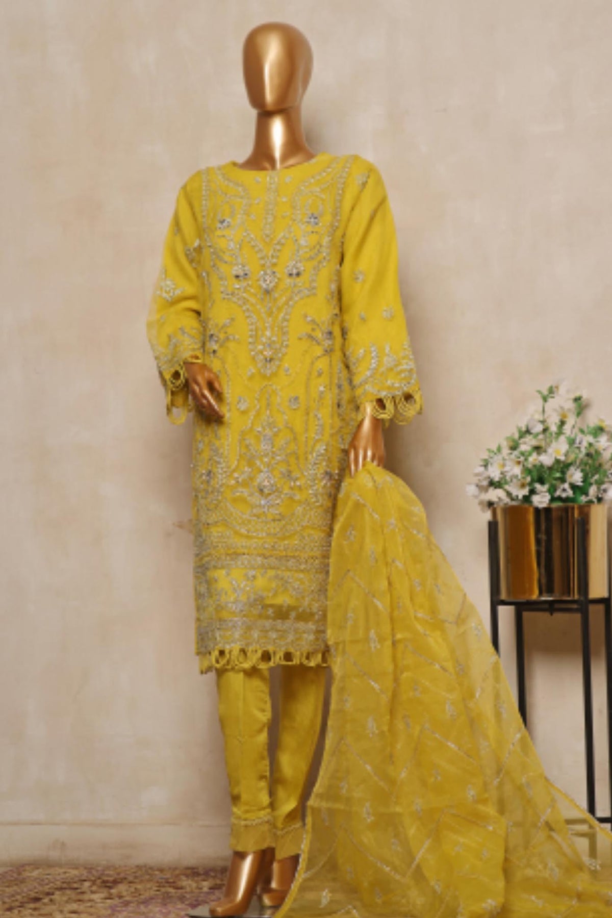 Bin Saeed Stitched 3 Piece Organza Festive Formals Collection'2024-STS-302-Mustard