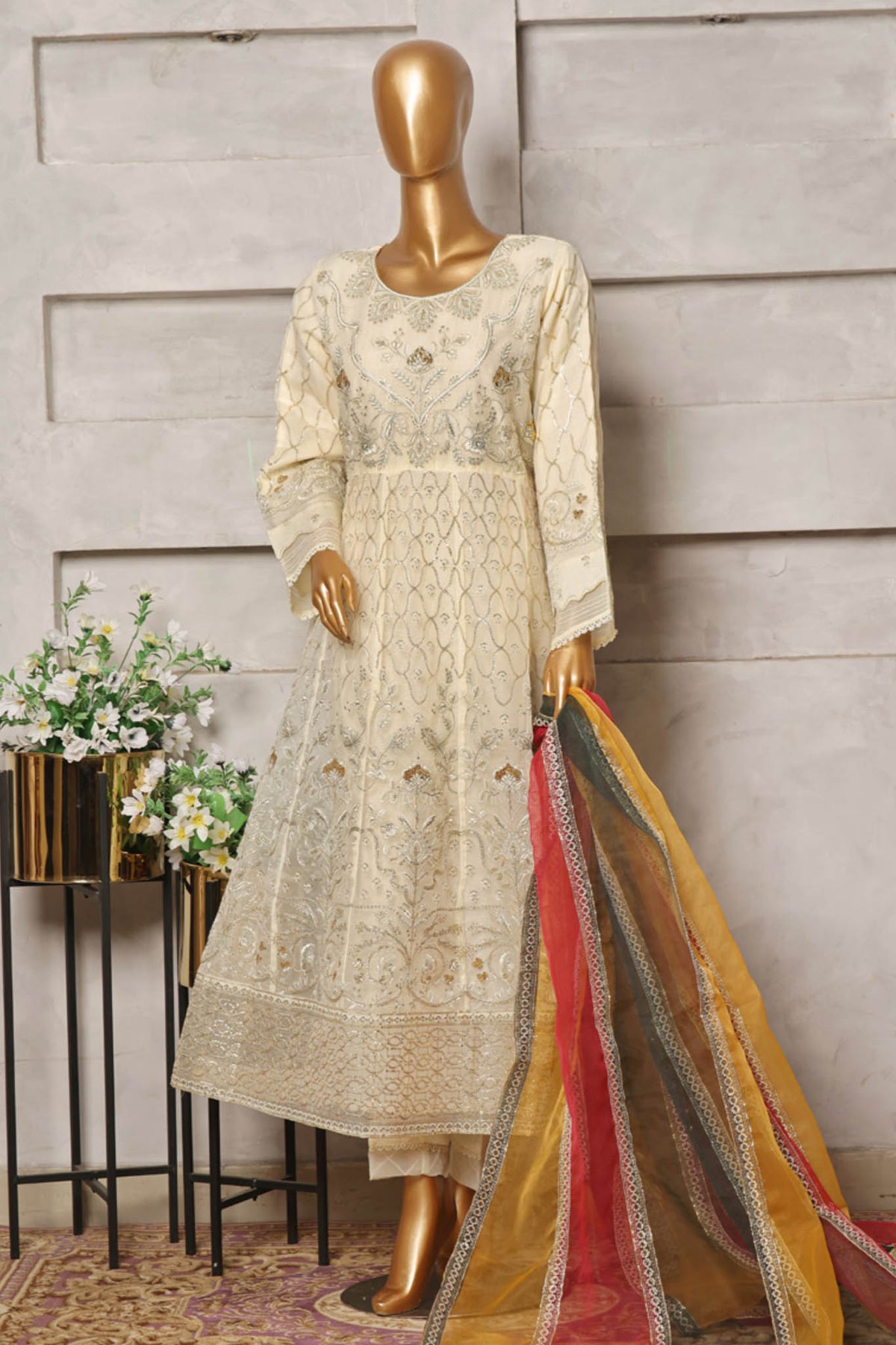 Bin Saeed Stitched 3 Piece Festive Formals Emb Organza Collection'2024-STS-350-White