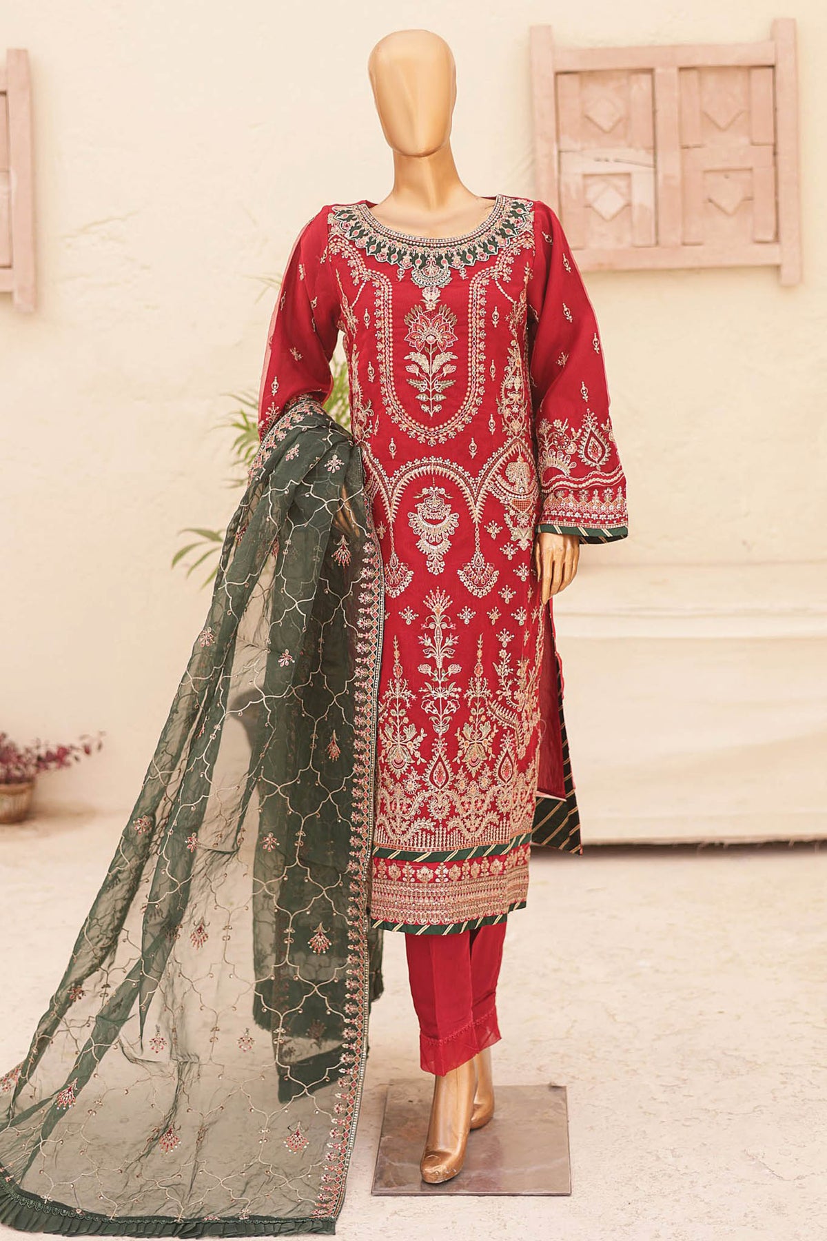 Bin Saeed Stitched 3 Piece Emb Fancy Festive Ramadan Collection'2024-STS-431-Red