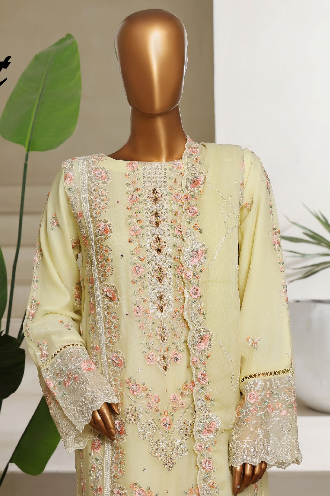 Bin Saeed Stitched 3 Piece Luxury Emb Chiffon Collection'2025-STSC-2150-Cream