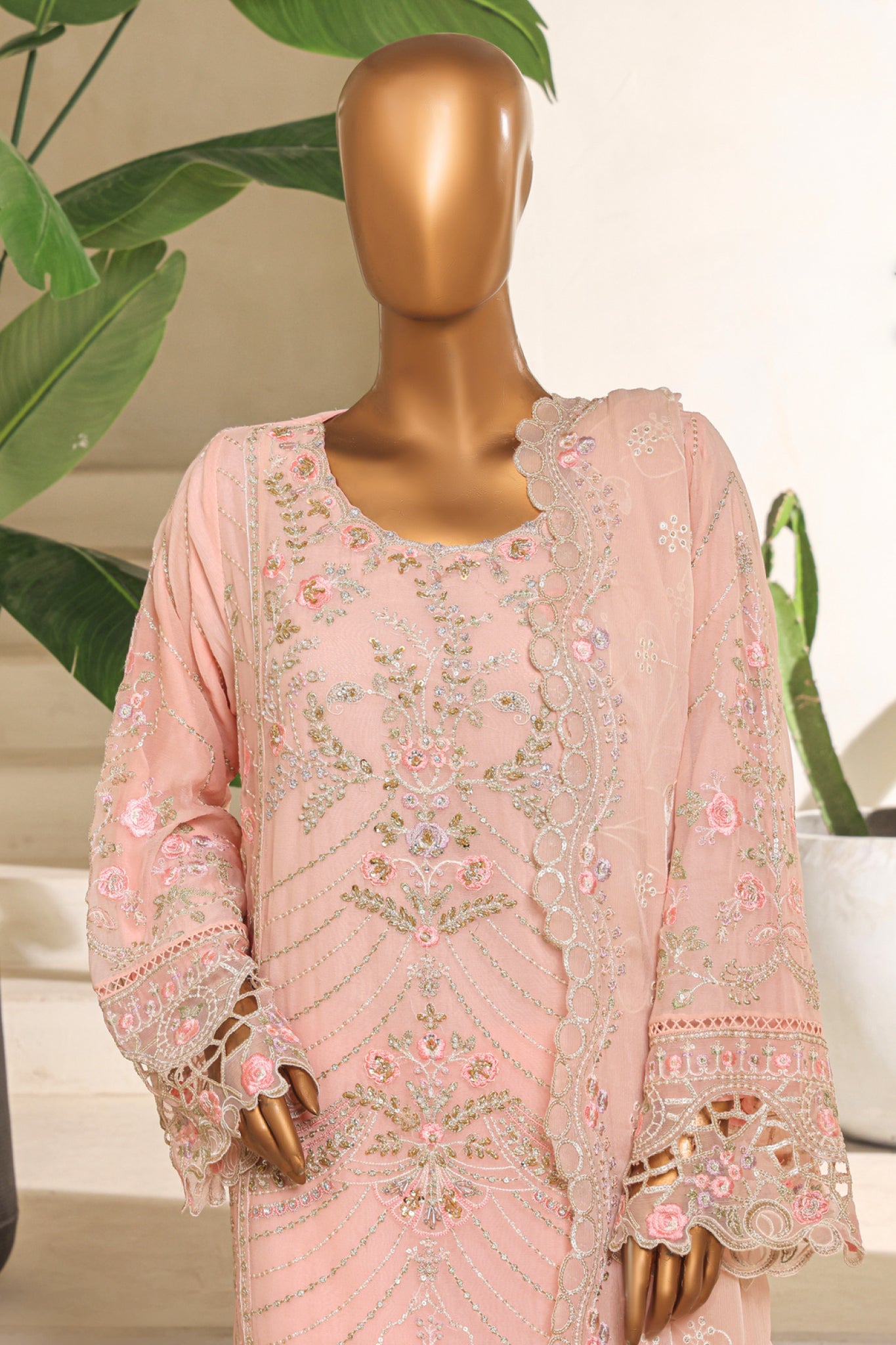 Bin Saeed Stitched 3 Piece Luxury Emb Chiffon & Organza Collection'2025-STSC-2192-Pink