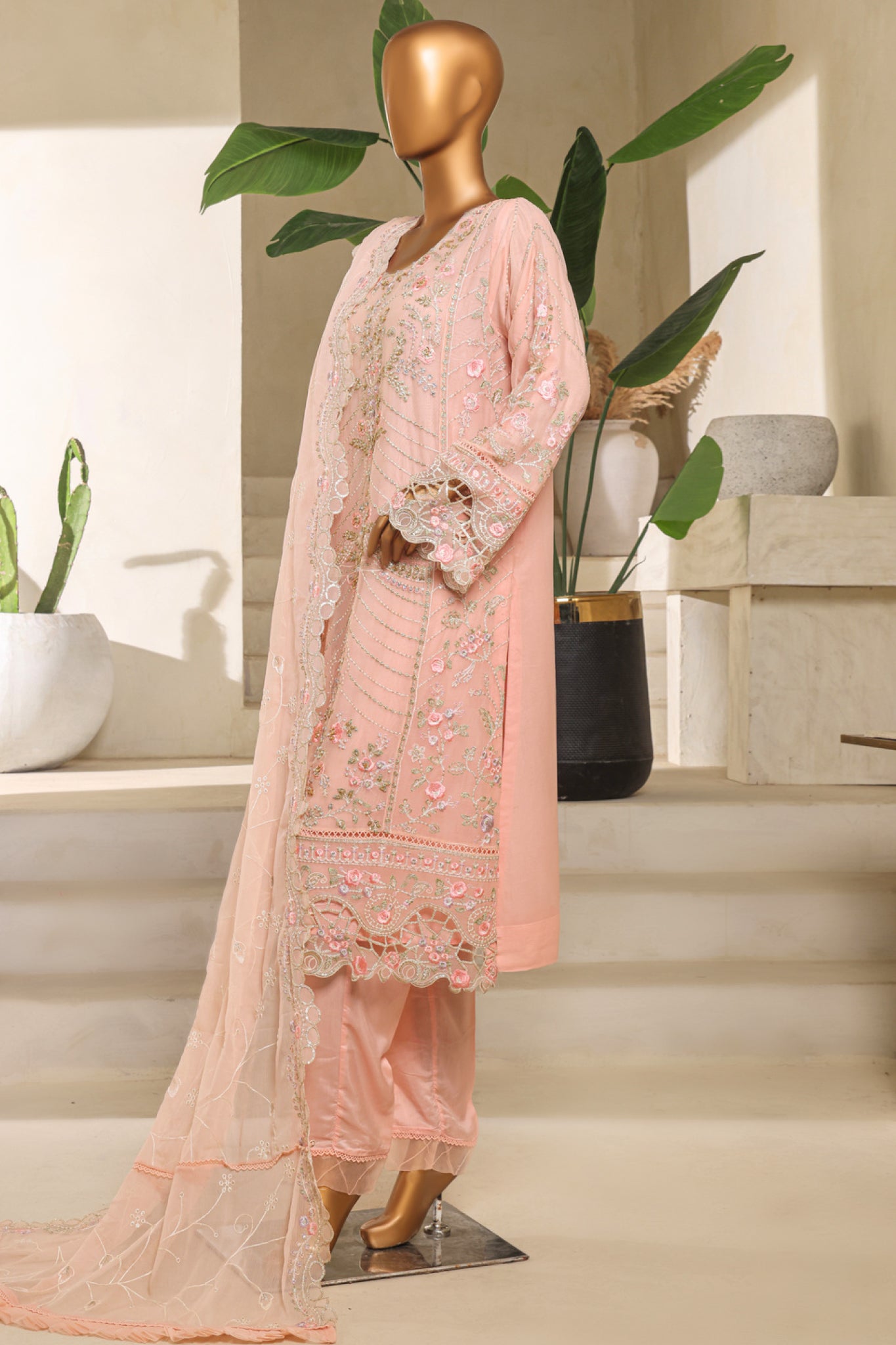 Bin Saeed Stitched 3 Piece Luxury Emb Chiffon & Organza Collection'2025-STSC-2192-Pink