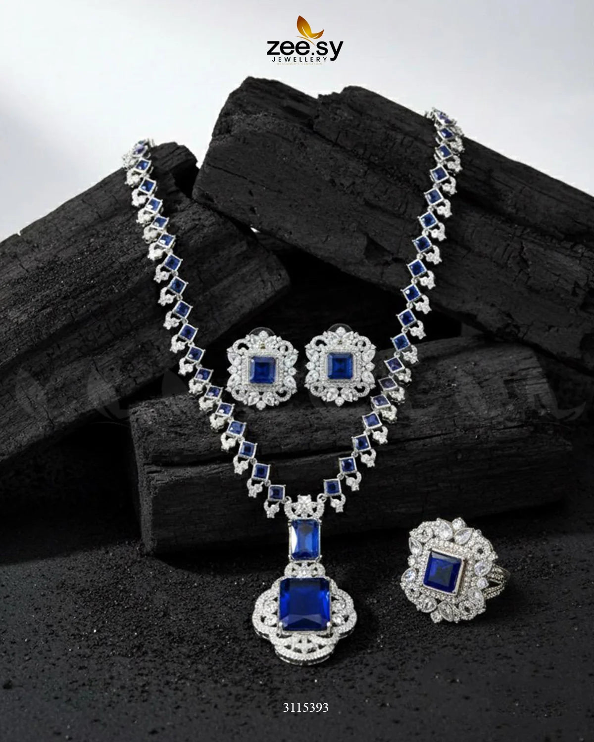 Safina Malla Necklace Set Silver Blue - Zeesy Jewellery