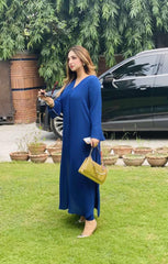 Manahils Stitched Co Ords Tunic V Neck Pleated Blue Two Pc