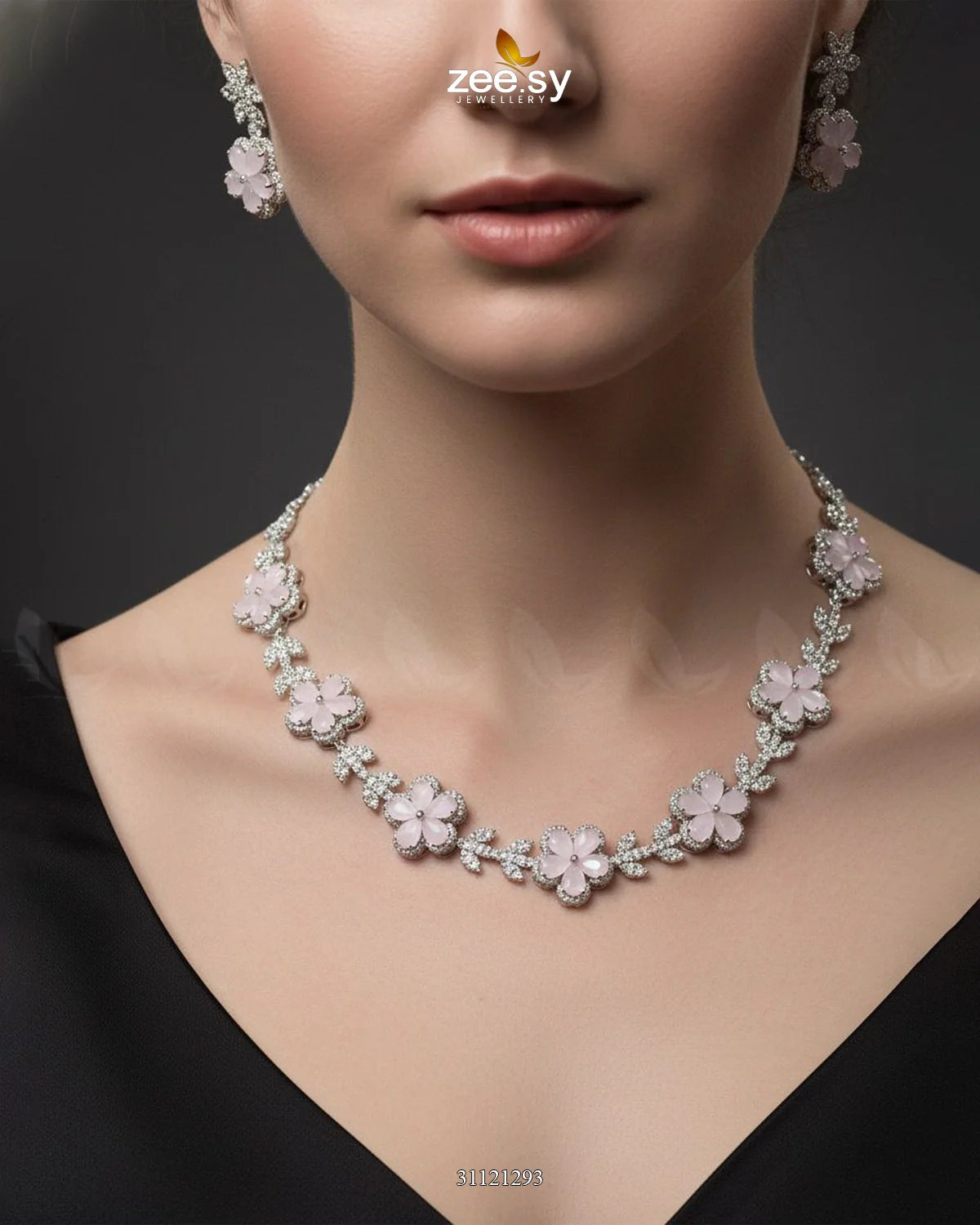 Floral Cubic Stone Necklace Set Silver Mint Pink - Zeesy Jewellery