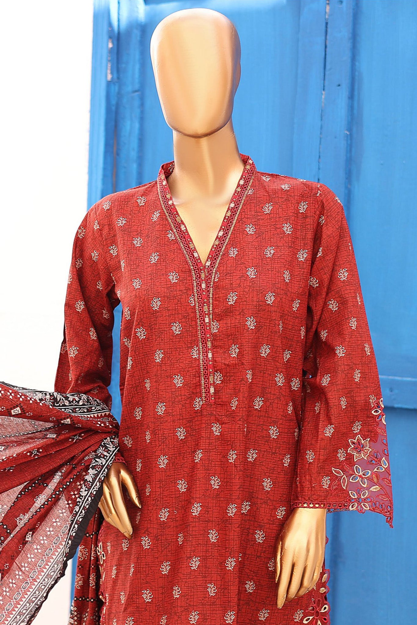 Bin Saeed Stitched 3 Piece Cutworkari Lawn Collection'2024-SM-698-Maroon