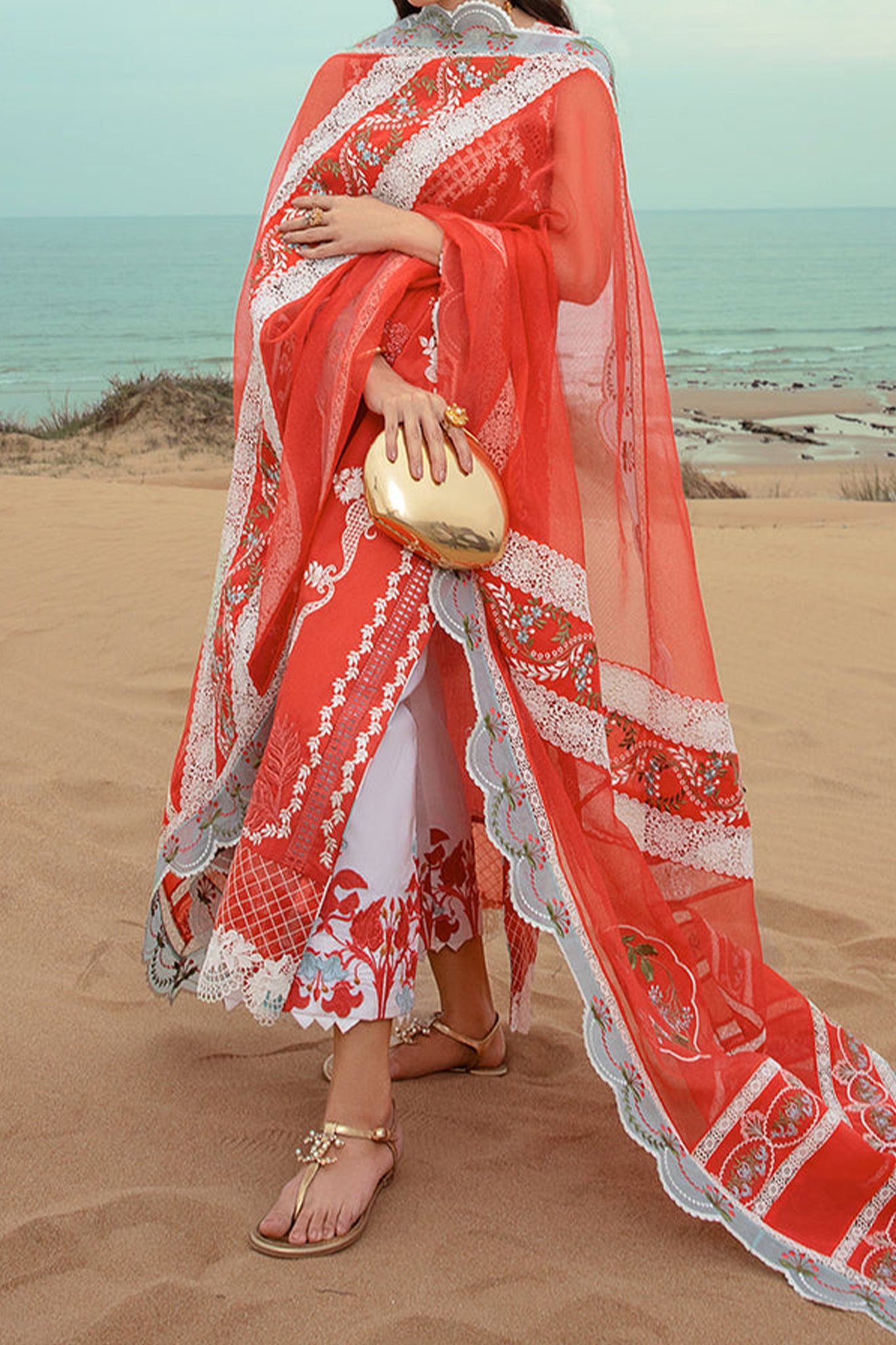 Saira Shakira By Crimson Unstitched 3 Piece Luxury Lawn Collection'2024-Stars of Fire Fiesta Coral